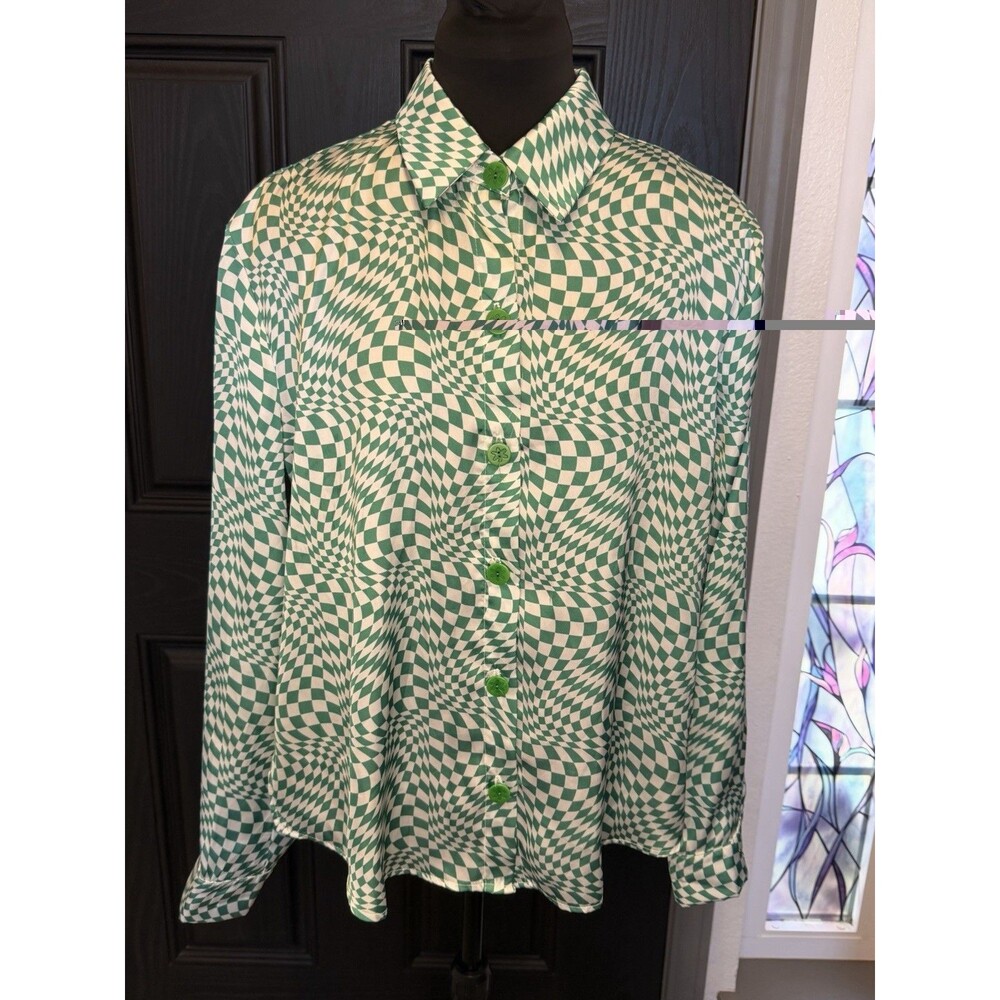 Lisa Says Gah Long Sleeve Checkered Print Button Down Shirt Green Satin Small